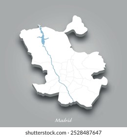 Mapa isométrico 3D de Madrid que muestra ríos y lagos en azul con un fondo gris