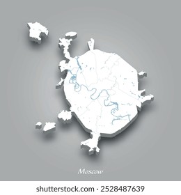 Mapa 3D isométrico de Moscou mostrando rios e lagos em azul com um fundo cinza
