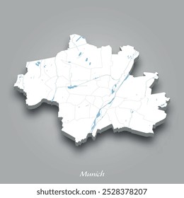 Isometric 3D map of Munich showing rivers and lakes in blue with a gray background