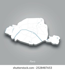 Mapa isométrico 3D de Paris mostrando os rios e lagos em azul com um fundo cinza