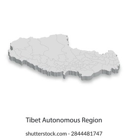 Isometric 3D map showcasing the administrative divisions (ADM2) of the Tibet Autonomous Region in China. Detailed illustration for geographic reference and regional analysis.