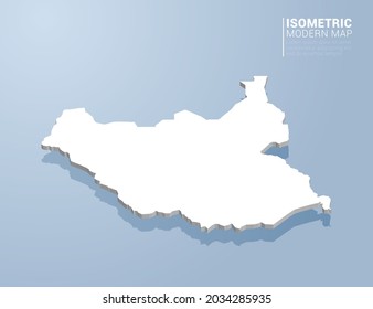 Isometric 3d map of South Sudan. Stylized vector illustration on blue background.