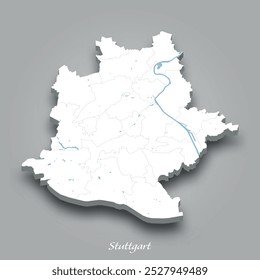 Isometric 3D map of Stuttgart showing rivers and lakes in blue with a gray background