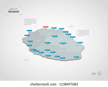 Isometric  3D Réunion map. Stylized vector map illustration with cities, borders, capital Saint-Denis , administrative divisions and pointer marks; gradient background with grid. 