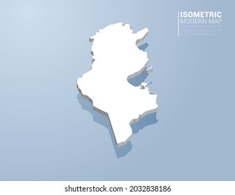 Isometric 3d map of Tunisia. Stylized vector illustration on blue background.