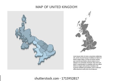 Isometric 3D Map Of United Kingdom. Political Country Map In Perspective With Administrative Divisions And Pointer Marks. Detailed Map Of UK With Regions. Infographic Elements For Website, App, Travel