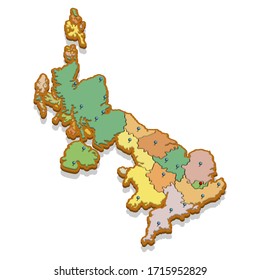 Isometric 3D Map Of The United Kingdom. Isolated Political Country Map In Perspective With Administrative Divisions And Pointer Marks. Detailed Map Of UK With Regions. Concept For Infographic. EPS10