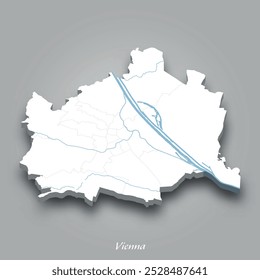 Mapa isométrico 3D de Viena que muestra ríos y lagos en azul con un fondo gris