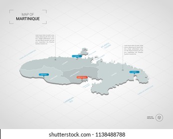 Isometric  3D Martinique map. Stylized vector map illustration with cities, borders, capital Fort-de-France , administrative divisions and pointer marks; gradient background with grid. 
