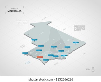Isometric  3D Mauritania map. Stylized vector map illustration with cities, borders, capital Nouakchott , administrative divisions and pointer marks; gradient background with grid. 