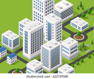 Isometric 3D metropolis city quarter with streets, skyscrapers, trees and houses. Urban landscape top view