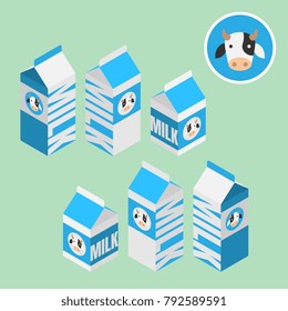 Isometric 3d milk box for healthy product, sell on supermarket, store and shop, isolated on light green background. This can make you have a good healthy and have calcium for your bones. 