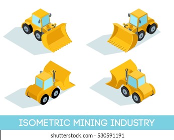 Isometric 3D mining industry icons set 1 image of mining equipment and vehicles isolated vector illustration.