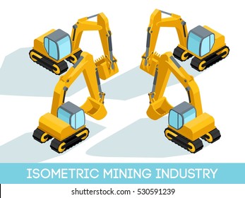 Isometric 3D mining industry icons set 5 image of mining equipment and vehicles isolated vector illustration.