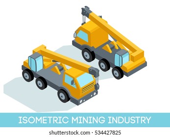 Isometric 3D mining industry icons set 1 image of mining equipment and vehicles isolated on a light background vector illustration