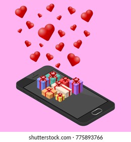 Isometric 3d mobile phone, technology of new smart phone with a lot of presents in valentine's day theme on pink background, Illustration flat vector design.