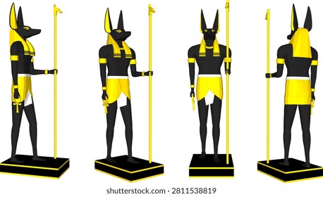 Isometric 3D model illustration of the ancient Egyptian god Anubis with a black jackal head standing on a gold-rimmed pedestal shown from four perspective angles