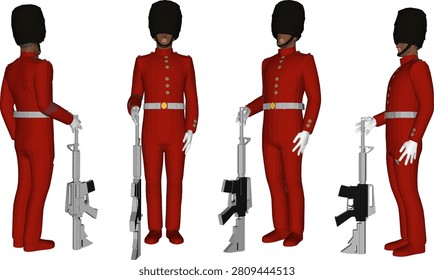 Isometric 3D model illustration of a British Royal Guard character in a traditional red uniform and black bearskin hat shown from four perspective angles