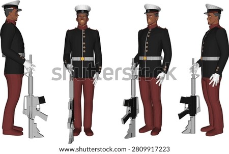 Isometric 3D model illustration of a ceremonial military honor guard character in a dark tunic, red trousers, and white peak cap shown from four perspective angles