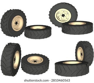 Isometric 3D model illustration of a pair of heavy-duty agricultural tractor tires with deep tread patterns on cream rims shown from four perspective angles