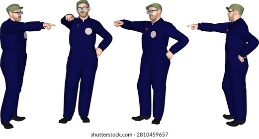 Isometric 3D model illustration of a professional project supervisor foreman in a blue uniform and yellow hard hat directing site logistics with a goods trolley shown from four perspective angles