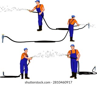 Isometric 3D model illustration of a professional construction worker in a blue jumpsuit and yellow hard hat holding a water tap for watering shown from four perspective angles for garden maintenance training