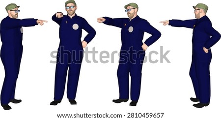 Isometric 3D model illustration of a professional project supervisor foreman in a blue uniform and yellow hard hat directing site logistics with a goods trolley shown from four perspective angles