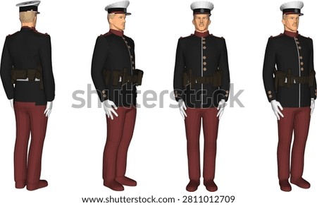 Isometric 3D model illustration of a standing ceremonial military honor guard character in a dark tunic, red trousers, and white peak cap shown from four perspective angles