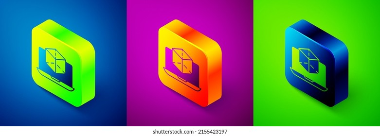 Isometric 3d modeling icon isolated on blue, purple and green background. Augmented reality or virtual reality. Square button. Vector