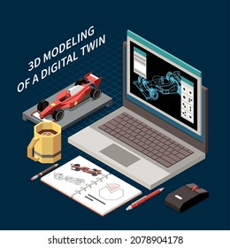 Isometric 3d modelling of race car digital twin composition with laptop sketchbook and model vector illustration