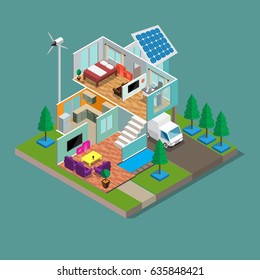 Isometric 3d Modern green eco home with garage lawn solar panels producing electricity on roof and two wind turbines isometric vector illustration