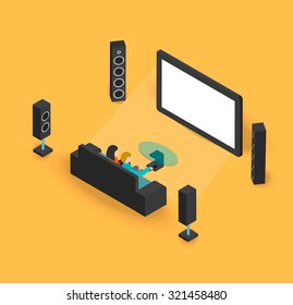 Isometric 3d Modern Living Room Home Cinema, Vector Illustration. People Watching Movie On Tv.