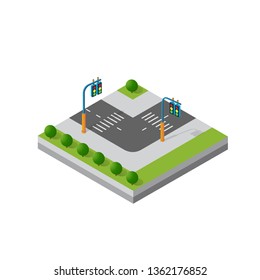 Isometric 3d module block district part of the city with a street road from the urban infrastructure of vector architecture. Modern white illustration for game design and business background