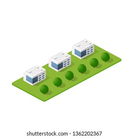 Isometric 3D module block district part city with urban building vector architecture. Modern white illustration for design game and business shape background