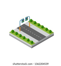 Isometric 3d module block district part of the city with a street road from the urban infrastructure of vector architecture. Modern white illustration for game design and business background