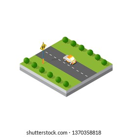 Isometric 3d module block district part of the city with a street road from the urban infrastructure of vector architecture. Modern white illustration for game design and business background