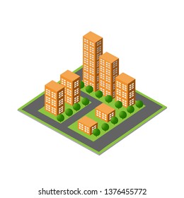 Isometric 3D module block district part city with skyscraper from urban building vector architecture. Modern white illustration for design game and business shape background