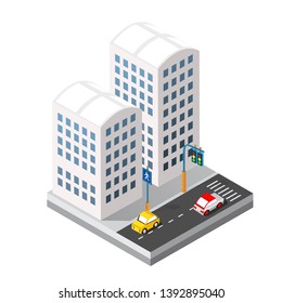Isometric 3d module block district part of the city with a street road building skyscraper from the urban infrastructure of vector architecture. Modern white illustration for game design
