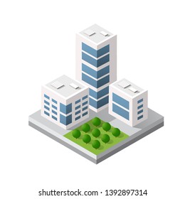 Isometric 3d module block district part of the city with a street road building skyscraper from the urban infrastructure of vector architecture. Modern white illustration for game design