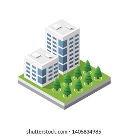 Isometric 3d module block district part of the city with a street road building skyscraper from the urban infrastructure of vector architecture. Modern white illustration for game design