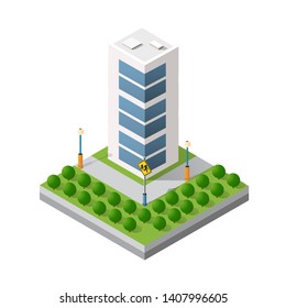 Isometric 3D module block district part city with skyscraper from urban building vector architecture. Modern white illustration for design game and business shape background