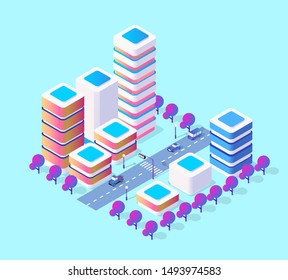 Isometric 3d module block district part of the city with a street road from the urban infrastructure of vector architecture. Modern white illustration for game design