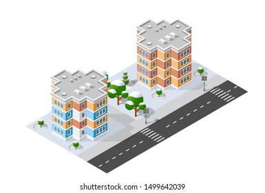 Isometric 3d module block district part of the city with a street road from the urban infrastructure of vector architecture. Modern white illustration for game design