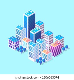 Isometric 3d module block district part of the city with a street road from the urban infrastructure of vector architecture. Modern white illustration for game design