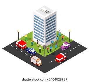 Isometric 3d module block district part of the city with a street road from the urban infrastructure of vector architecture. Modern white illustration for game design and business background