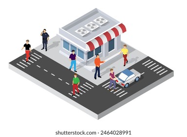 Isometric 3d module block district part of the city with a street road from the urban infrastructure of vector architecture. Modern white illustration for game design and business background
