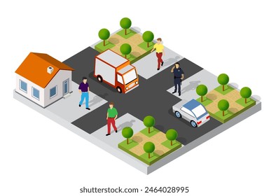 Isometric 3d module block district part of the city with a street road from the urban infrastructure of vector architecture. Modern white illustration for game design and business background