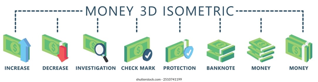 Isometrische 3D-Geld-Icons gesetzt. Nutzung für Bildung, Wirtschaft, Finanzen, Investitionen und mehr. am besten für UI-, UX-, Web- und App-Entwicklung. Vektor eps 10.