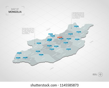 Isometric  3D Mongolia map. Stylized vector map illustration with cities, borders, capital Ulaanbaatar , administrative divisions and pointer marks; gradient background with grid. 
