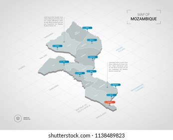 Isometric  3D Mozambique map. Stylized vector map illustration with cities, borders, capital Maputo , administrative divisions and pointer marks; gradient background with grid. 